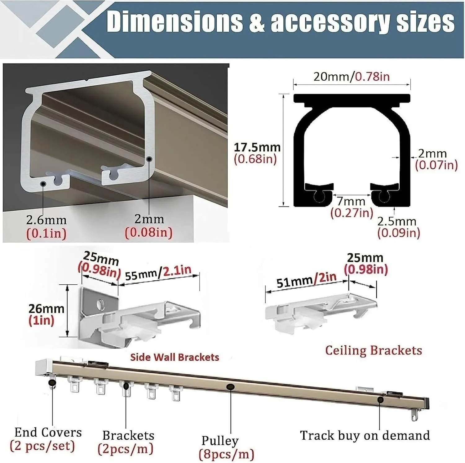 Aluminum Ceiling Track with Silent Rollers, Suitable for Room Partition Tracks(Noir,2.5M/8Ft)
