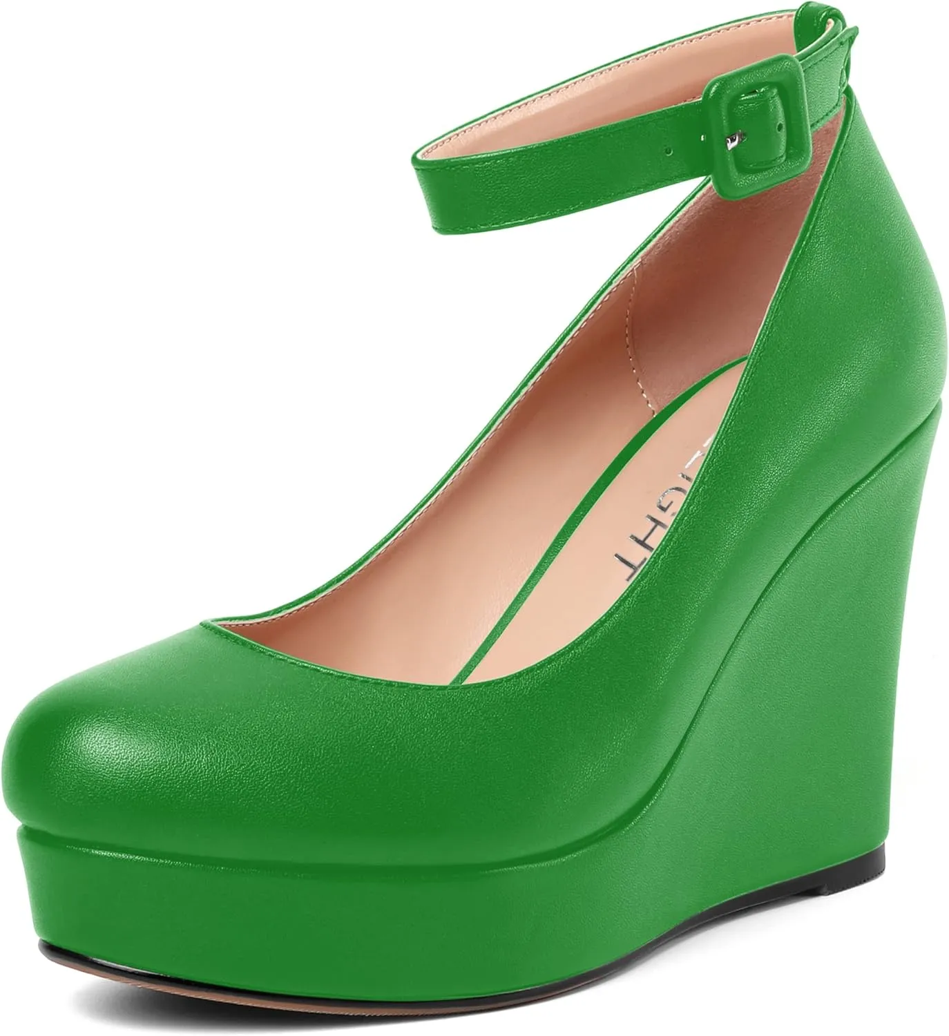 AMBELIGHT Womens Matte Solid Buckle Evening Dress Round Toe Platform Ankle Strap Wedge High Heel Pumps Shoes 4 Inch