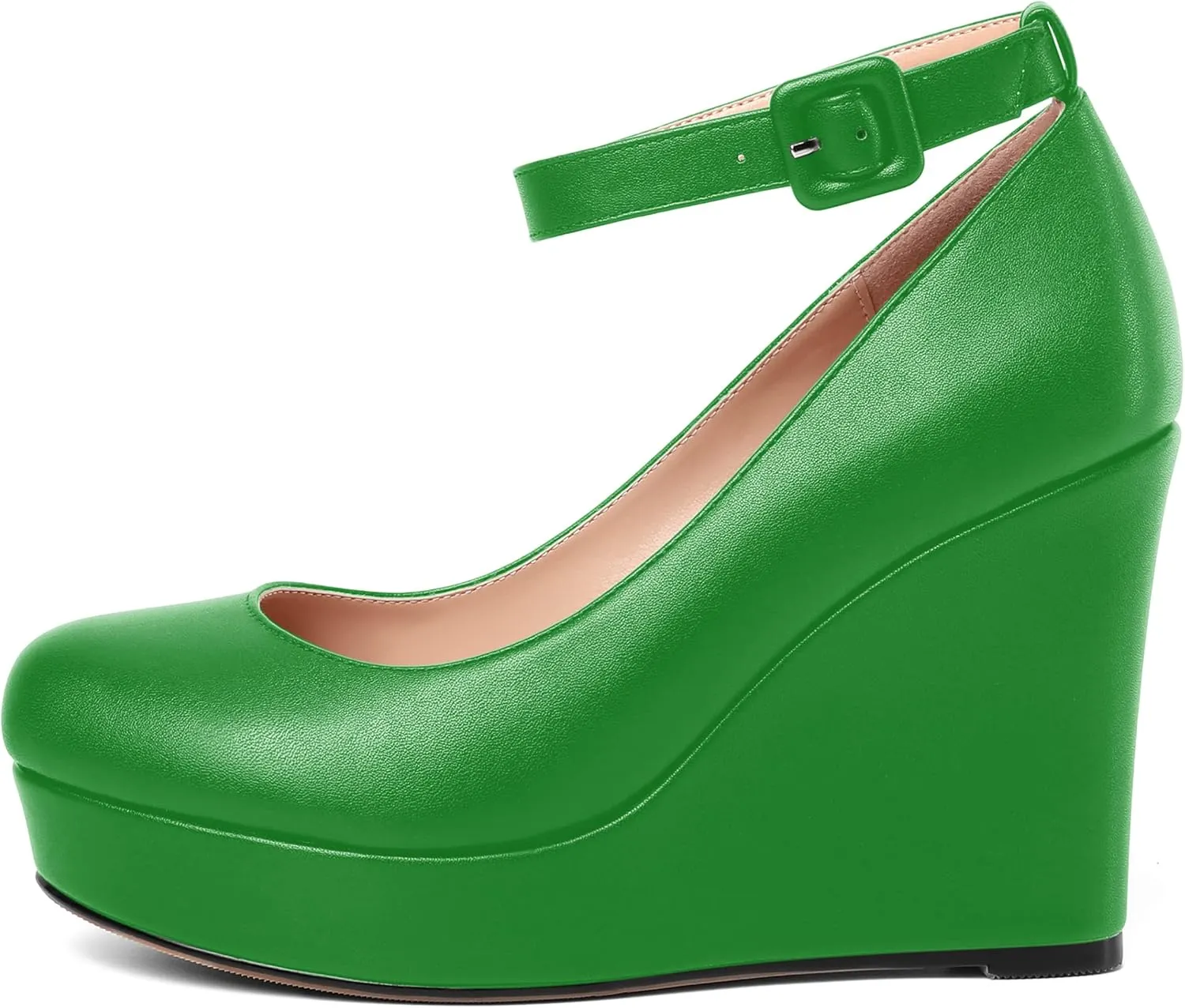 AMBELIGHT Womens Matte Solid Buckle Evening Dress Round Toe Platform Ankle Strap Wedge High Heel Pumps Shoes 4 Inch