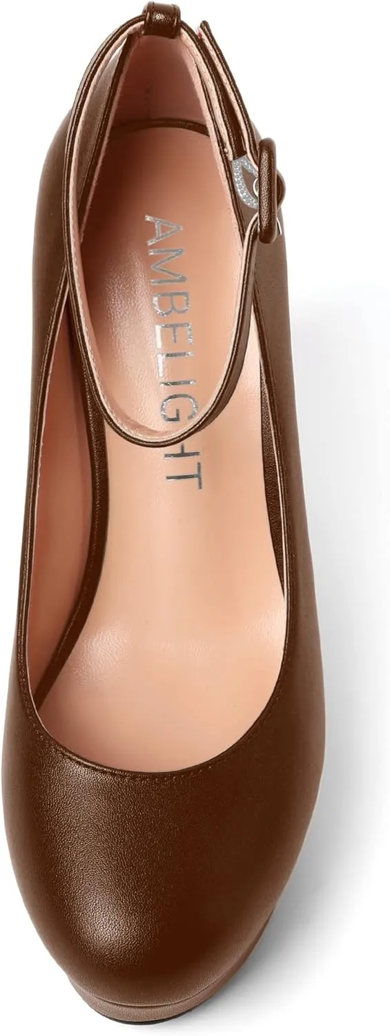 AMBELIGHT Womens Matte Solid Buckle Evening Dress Round Toe Platform Ankle Strap Wedge High Heel Pumps Shoes 4 Inch
