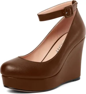AMBELIGHT Womens Matte Solid Buckle Evening Dress Round Toe Platform Ankle Strap Wedge High Heel Pumps Shoes 4 Inch