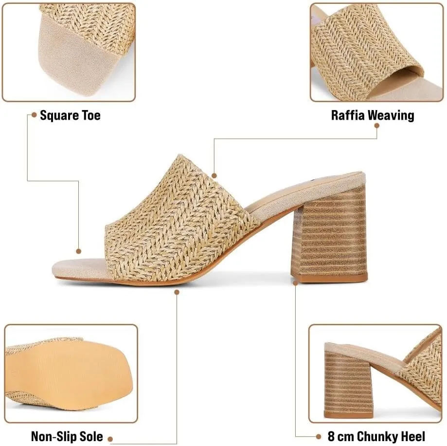 Ancomafio Heeled Sandals for Women，Raffia Sandals 2025 Chunky Heels Square Toe Mules Block Summer Shoes Slip On