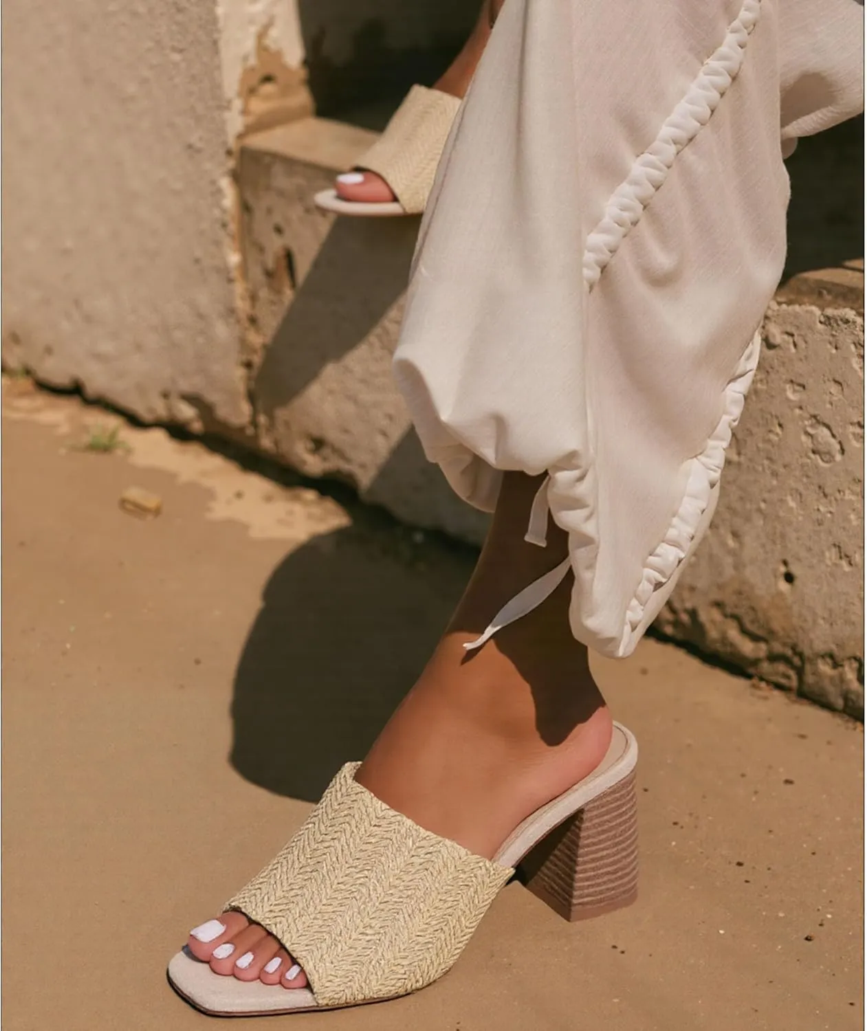 Ancomafio Heeled Sandals for Women，Raffia Sandals 2025 Chunky Heels Square Toe Mules Block Summer Shoes Slip On