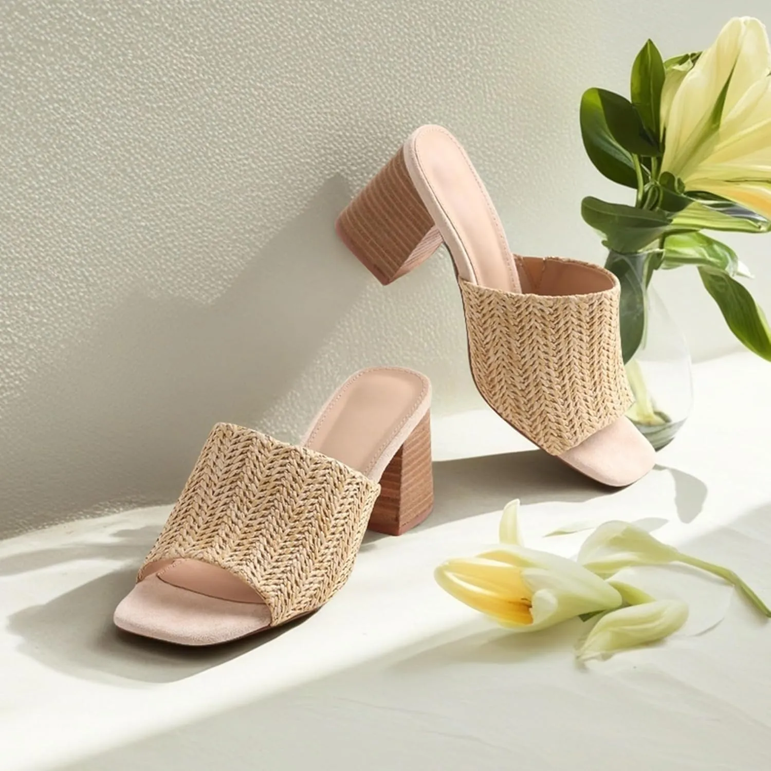 Ancomafio Heeled Sandals for Women，Raffia Sandals 2025 Chunky Heels Square Toe Mules Block Summer Shoes Slip On