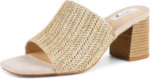 Ancomafio Heeled Sandals for Women，Raffia Sandals 2025 Chunky Heels Square Toe Mules Block Summer Shoes Slip On