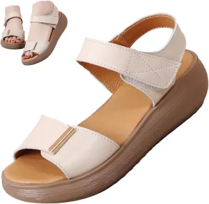 AngryMonkey Women's Open Toe Platform Leather Sandals,Lightweight Comfort Slingback Ankle Strap Stretch Softsole Casual Wedge Sandal