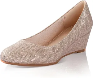 Ankis Black Nude Silver Gold Wedges for Women, Low Heel Women's Wedge Comfortable Closed Toe Women Pumps Dress Shoes -2Inch
