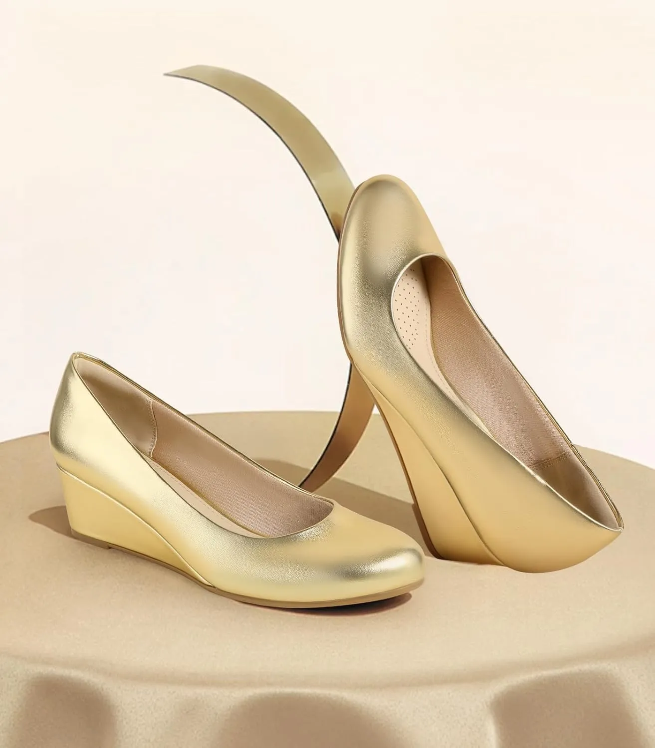 Ankis Black Nude Silver Gold Wedges for Women, Low Heel Women's Wedge Comfortable Closed Toe Women Pumps Dress Shoes -2Inch