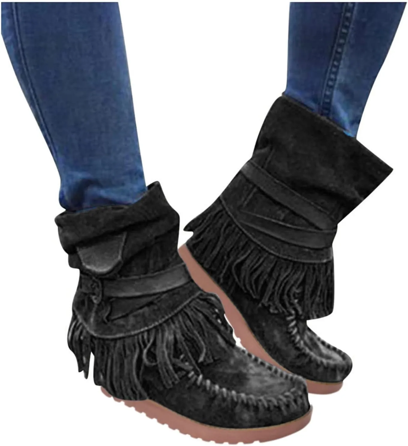 Ankle Boots for Women Womens Fall Boots Casual Fashion Retro Toe Short Women's Fringe Boots Round Flat Women's Boots