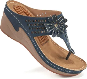 Aomigoct Wedge Sandals Women Flip Flops with High Increased Flower Platform Sandals for Women Dressy Summer Wedge Shoes Cushion FootBed Comfort Flip Flops