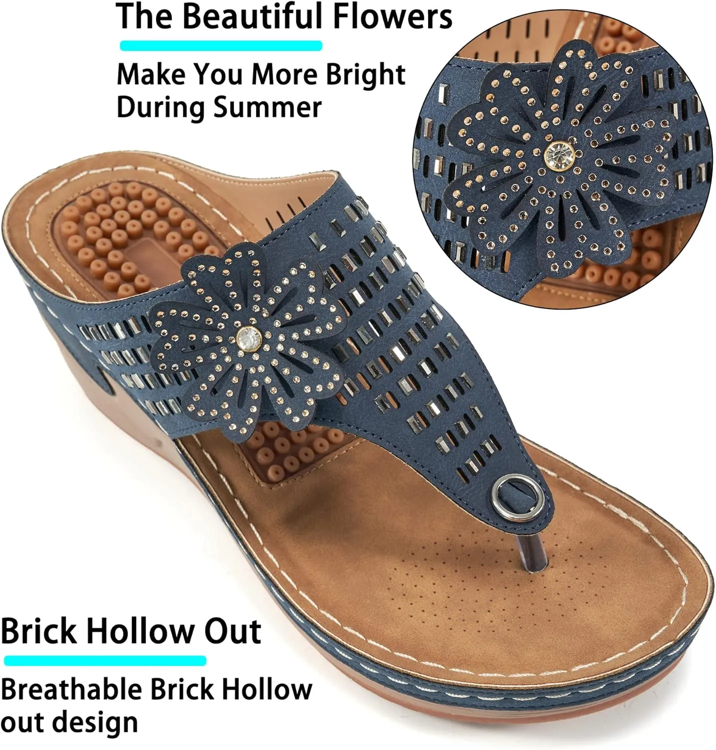 Aomigoct Wedge Sandals Women Flip Flops with High Increased Flower Platform Sandals for Women Dressy Summer Wedge Shoes Cushion FootBed Comfort Flip Flops