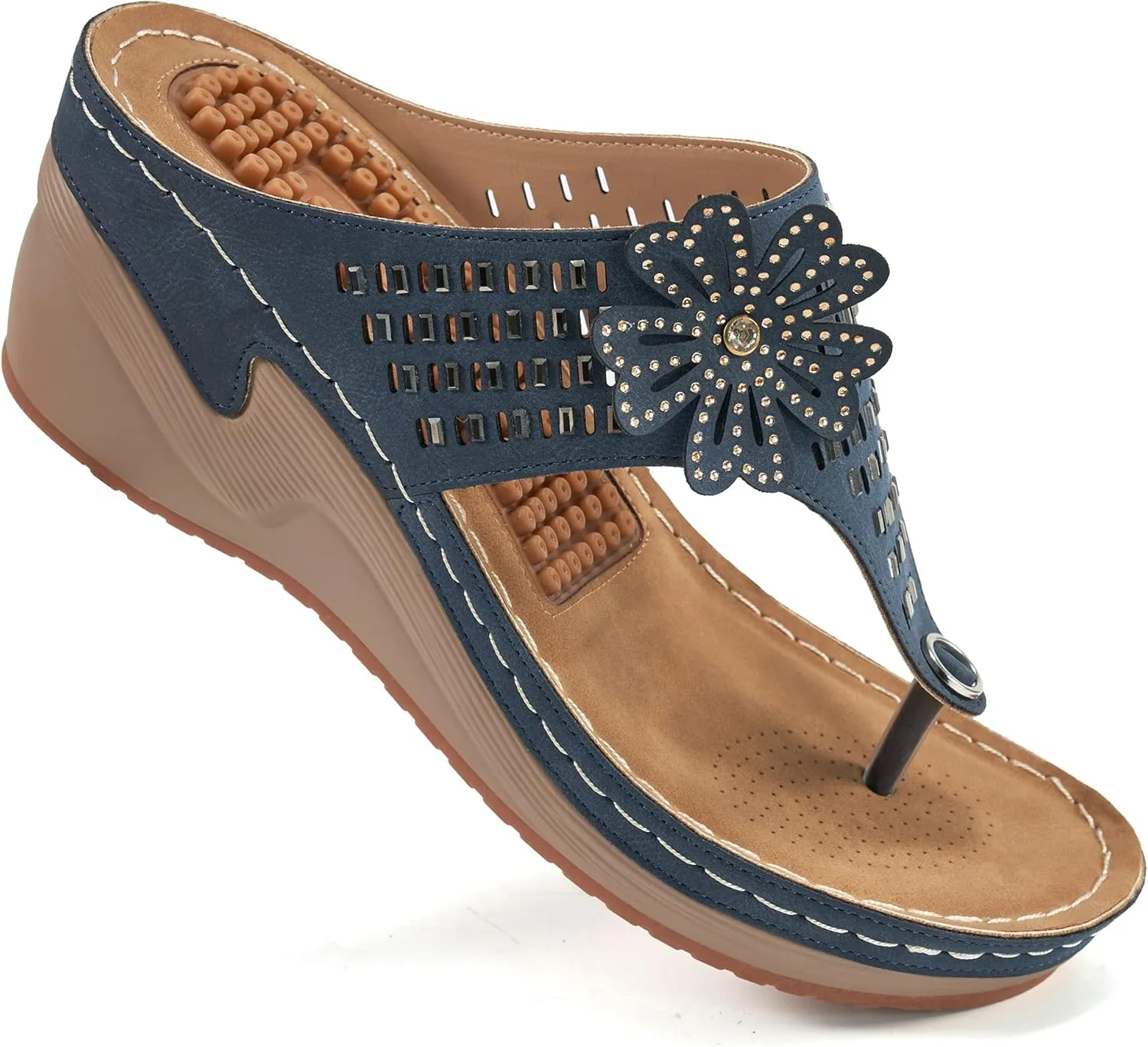 Aomigoct Wedge Sandals Women Flip Flops with High Increased Flower Platform Sandals for Women Dressy Summer Wedge Shoes Cushion FootBed Comfort Flip Flops