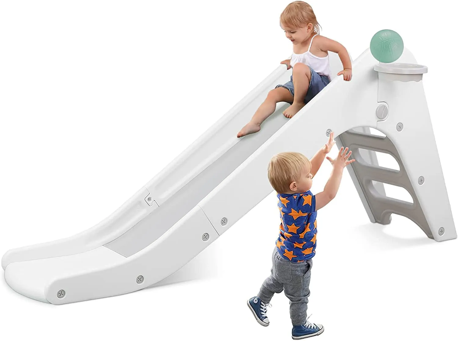 Arlopu Sturdy Kids Slide, Toddler Slide Play Climber with Basketball Hoop & Ball, Indoor Outdoor Playground Playset