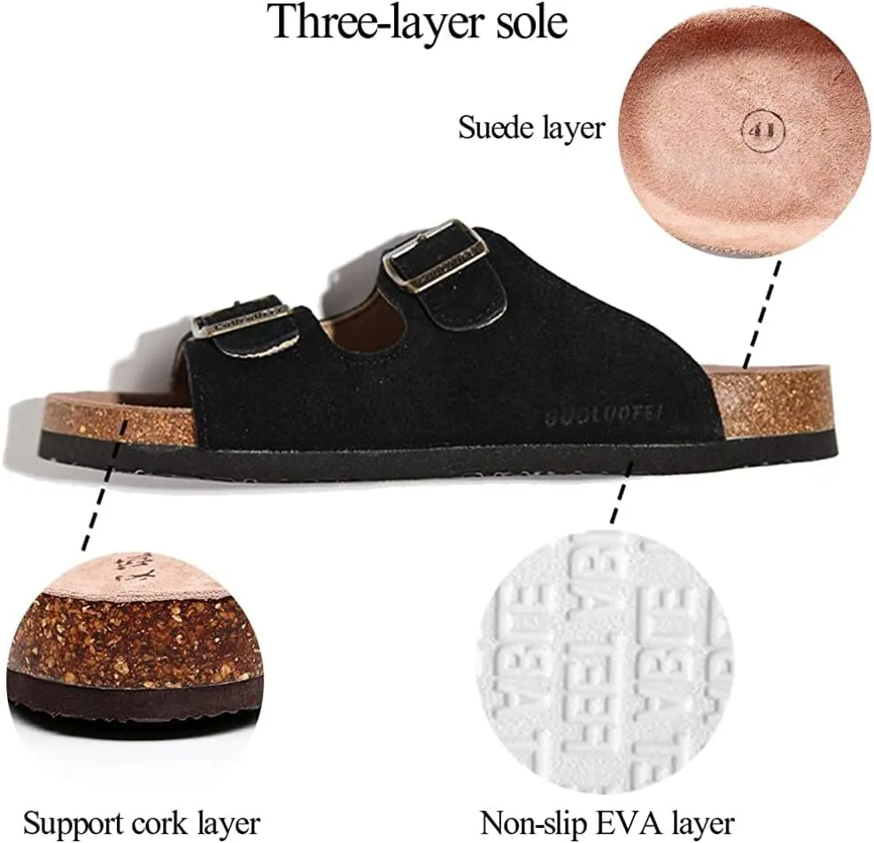 Asifn Women Men Slide Cork Sandal Flat Adjustable Strap Buckle Slip on Casual Open Toe Shoes Suede Summer