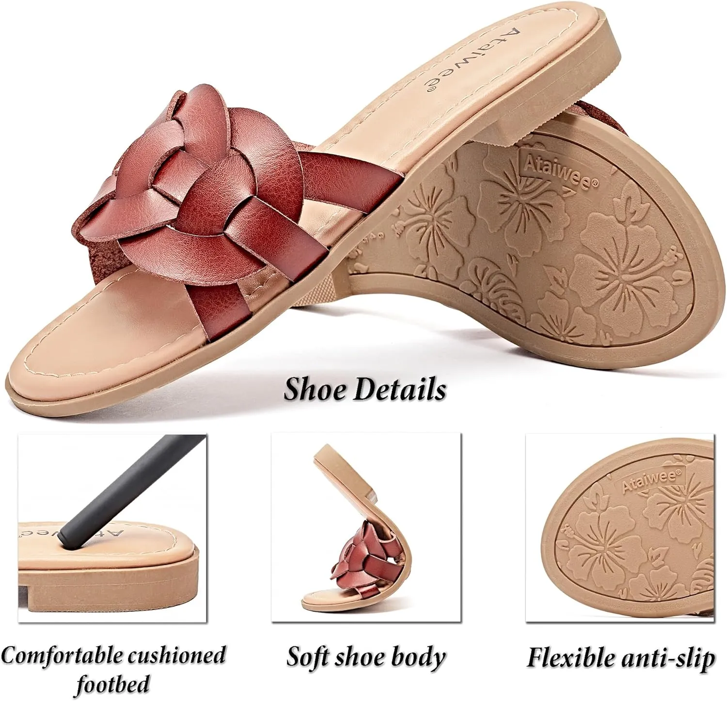 Ataiwee Women's Flat Slide Sandals - Ladies Casual Slip On Criss Cross Strap Summer Shoes.