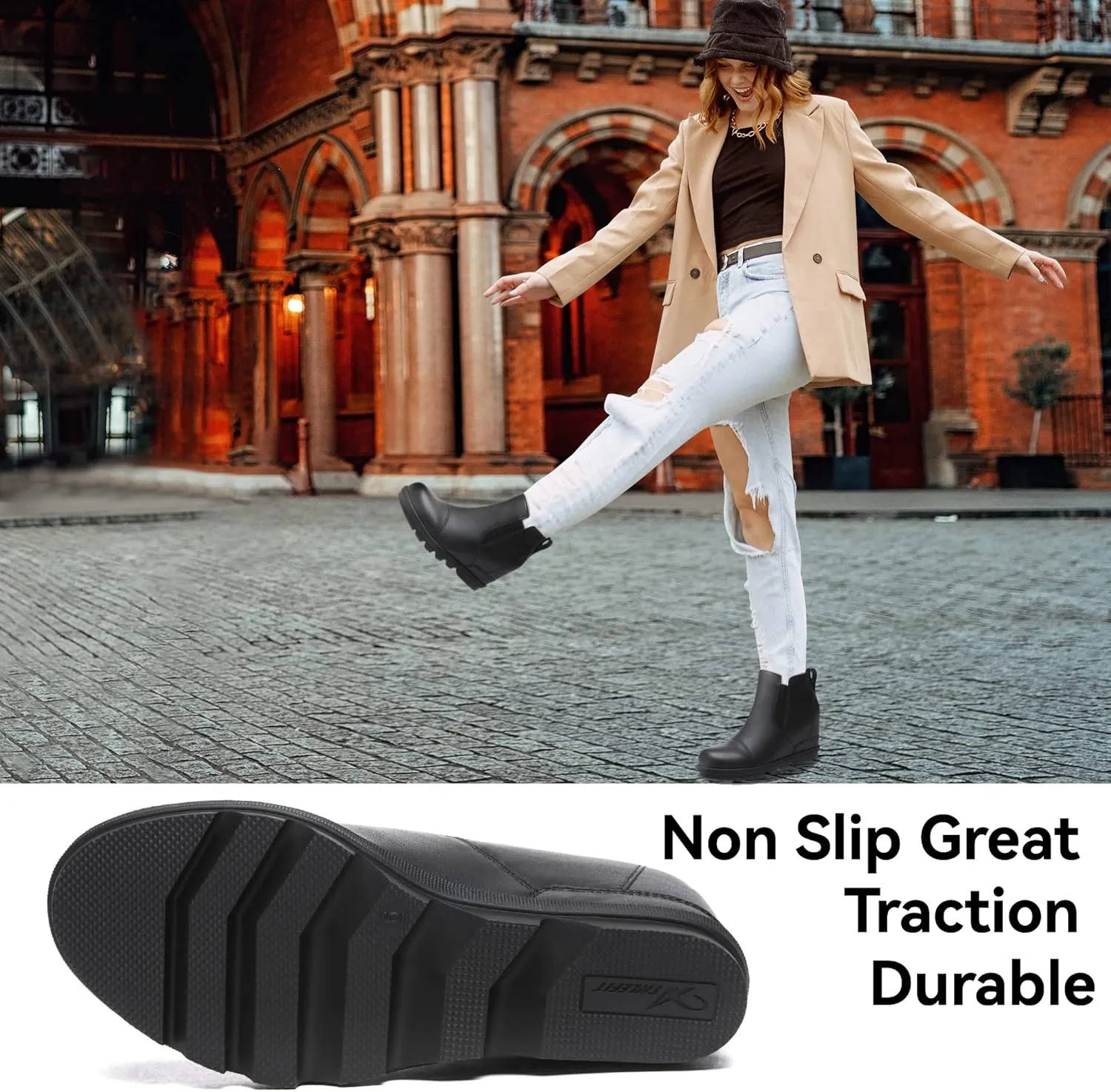 Athlefit Women's Wedge Ankle Boots Comfort Slip-On Waterproof Leather Platform Booties