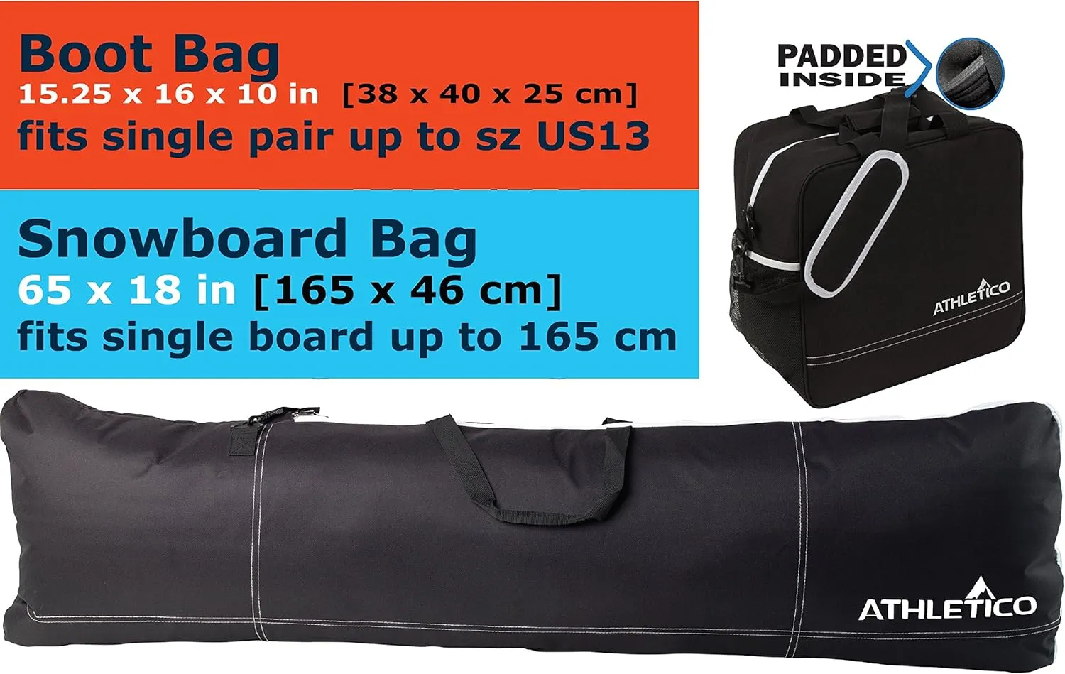 Athletico Padded Two-Piece Snowboard and Boot Bag Combo | Store & Transport Snowboard Up to 165 CM and Boots Up To Size 13 | Includes 1 Padded Snowboard Bag & 1 Padded Boot Bag