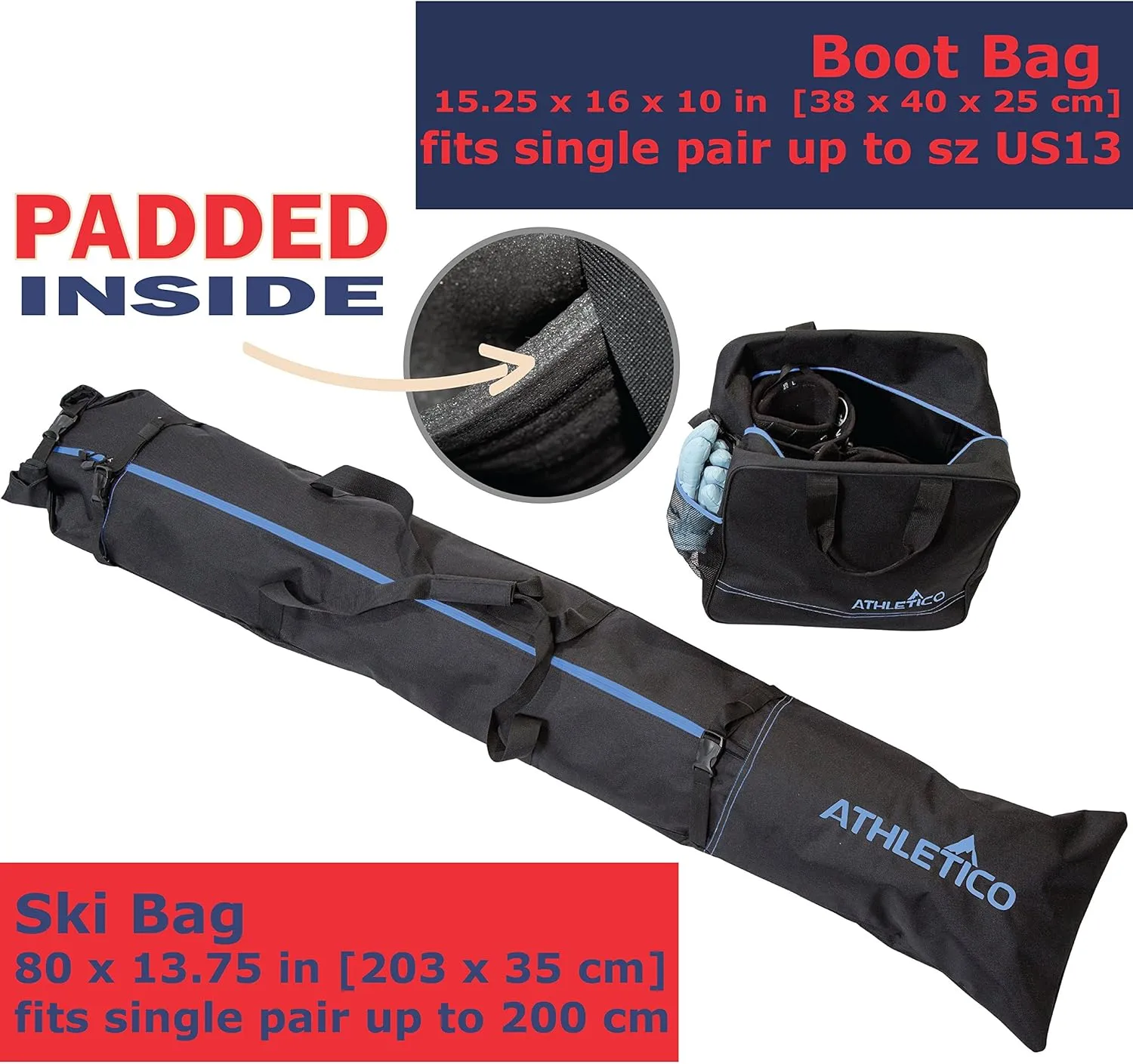 Athletico Ski & Boot Bag Combo | Store Skis Up to 200 CM & Boots Up To Size 13 | Includes 2 Padded Bags