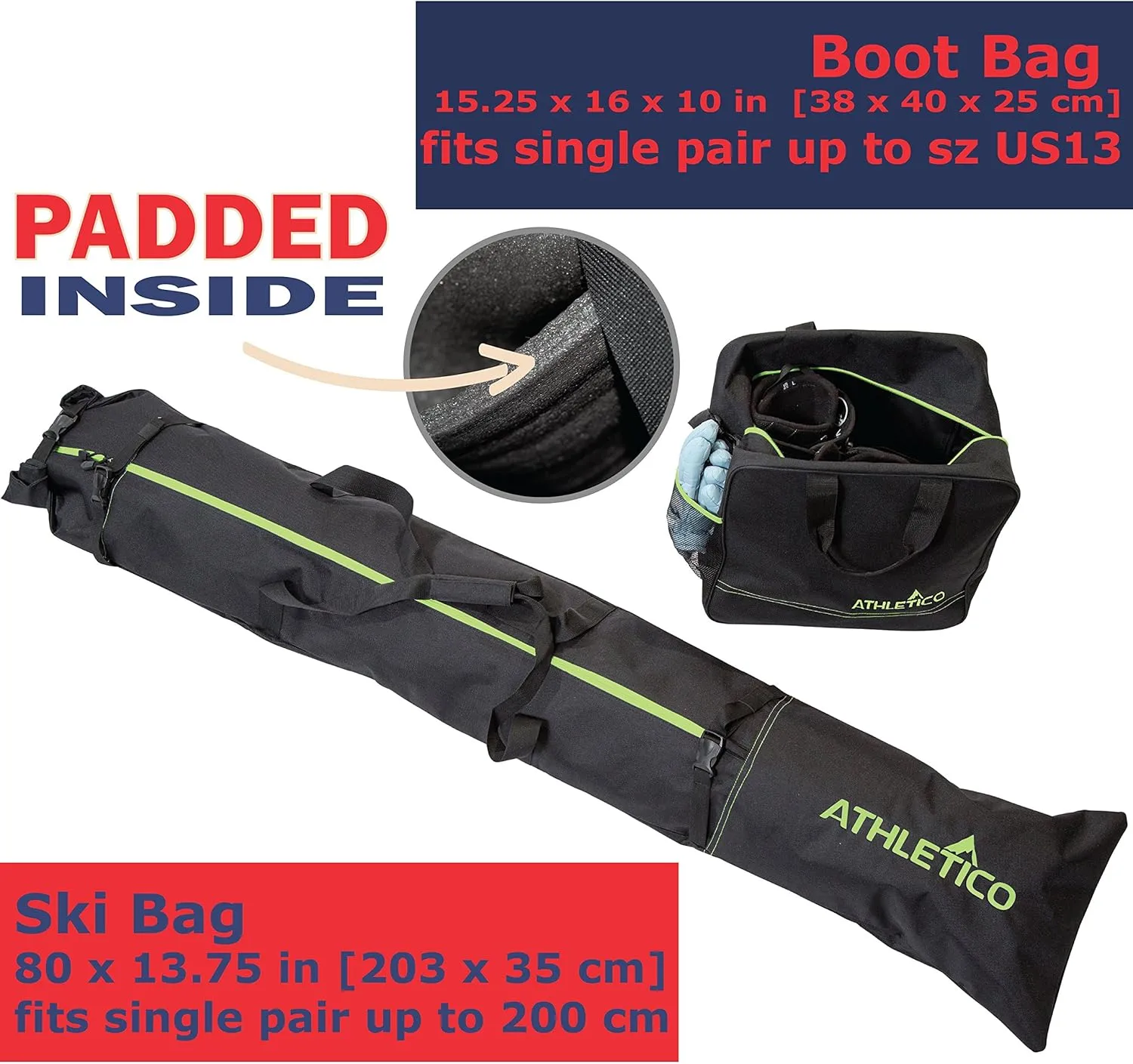 Athletico Ski & Boot Bag Combo | Store Skis Up to 200 CM & Boots Up To Size 13 | Includes 2 Padded Bags