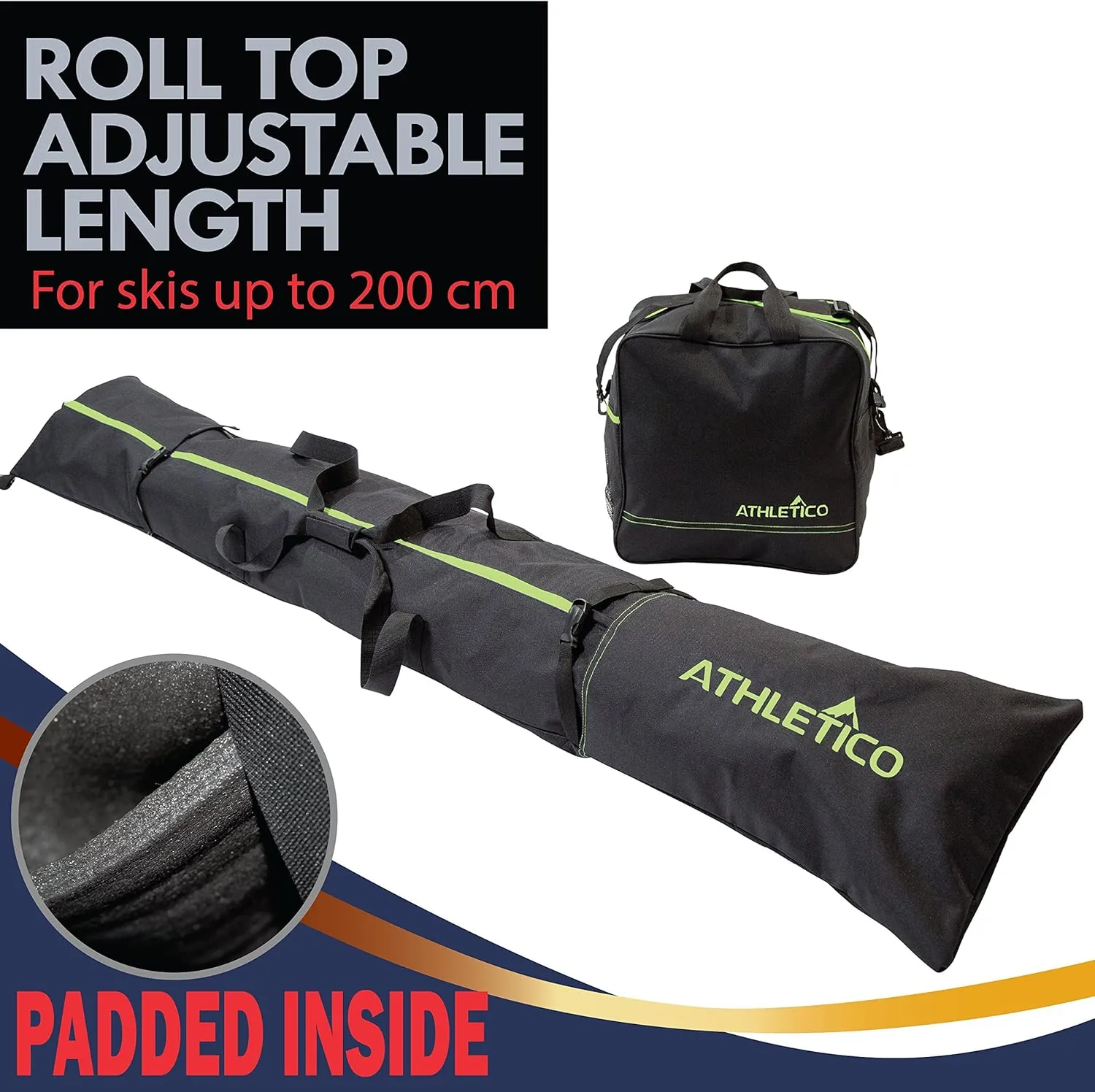 Athletico Ski & Boot Bag Combo | Store Skis Up to 200 CM & Boots Up To Size 13 | Includes 2 Padded Bags