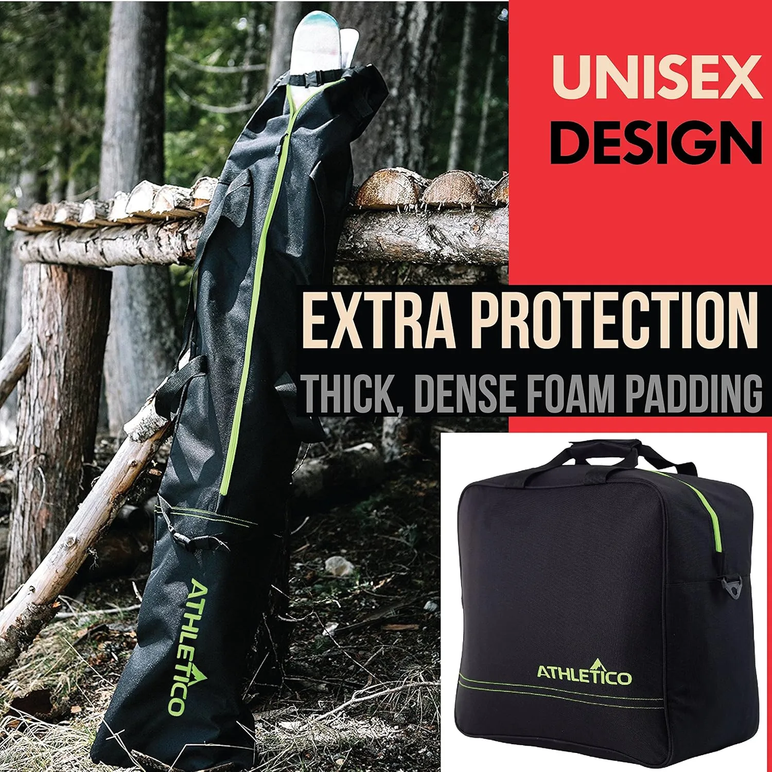 Athletico Ski & Boot Bag Combo | Store Skis Up to 200 CM & Boots Up To Size 13 | Includes 2 Padded Bags
