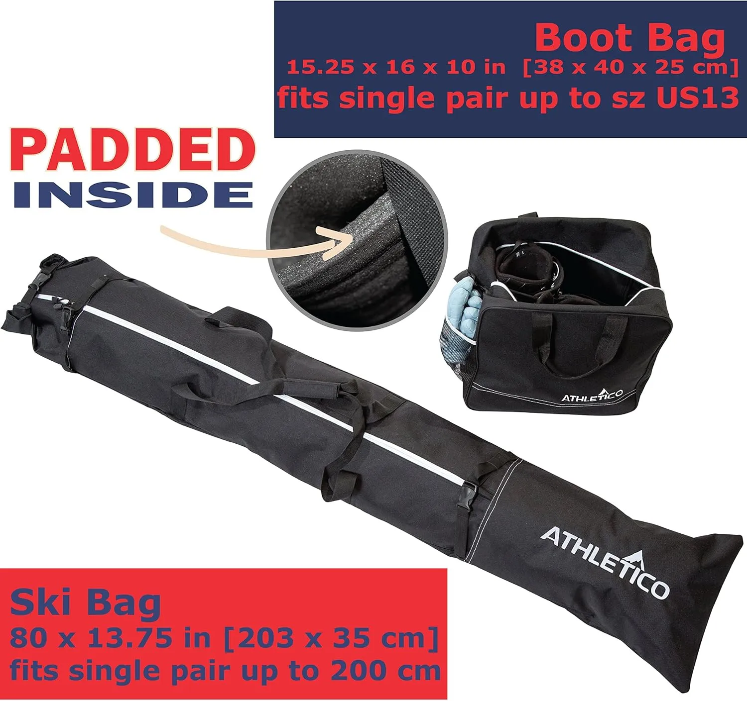 Athletico Ski & Boot Bag Combo | Store Skis Up to 200 CM & Boots Up To Size 13 | Includes 2 Padded Bags
