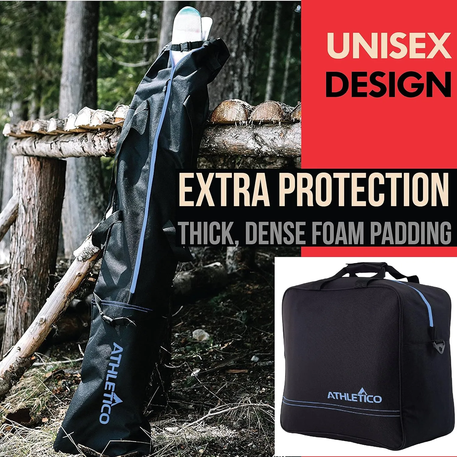 Athletico Ski & Boot Bag Combo | Store Skis Up to 200 CM & Boots Up To Size 13 | Includes 2 Padded Bags