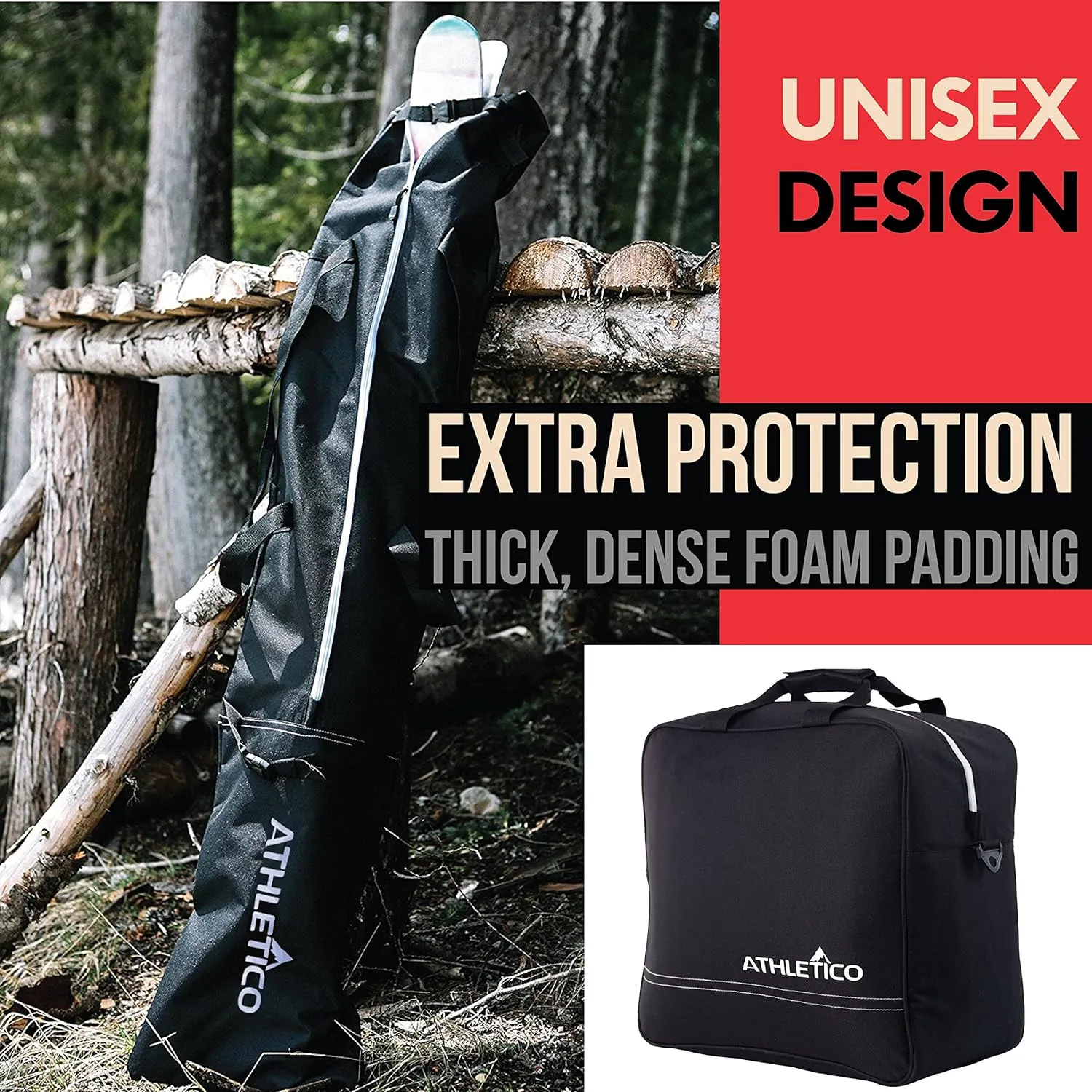 Athletico Ski & Boot Bag Combo | Store Skis Up to 200 CM & Boots Up To Size 13 | Includes 2 Padded Bags