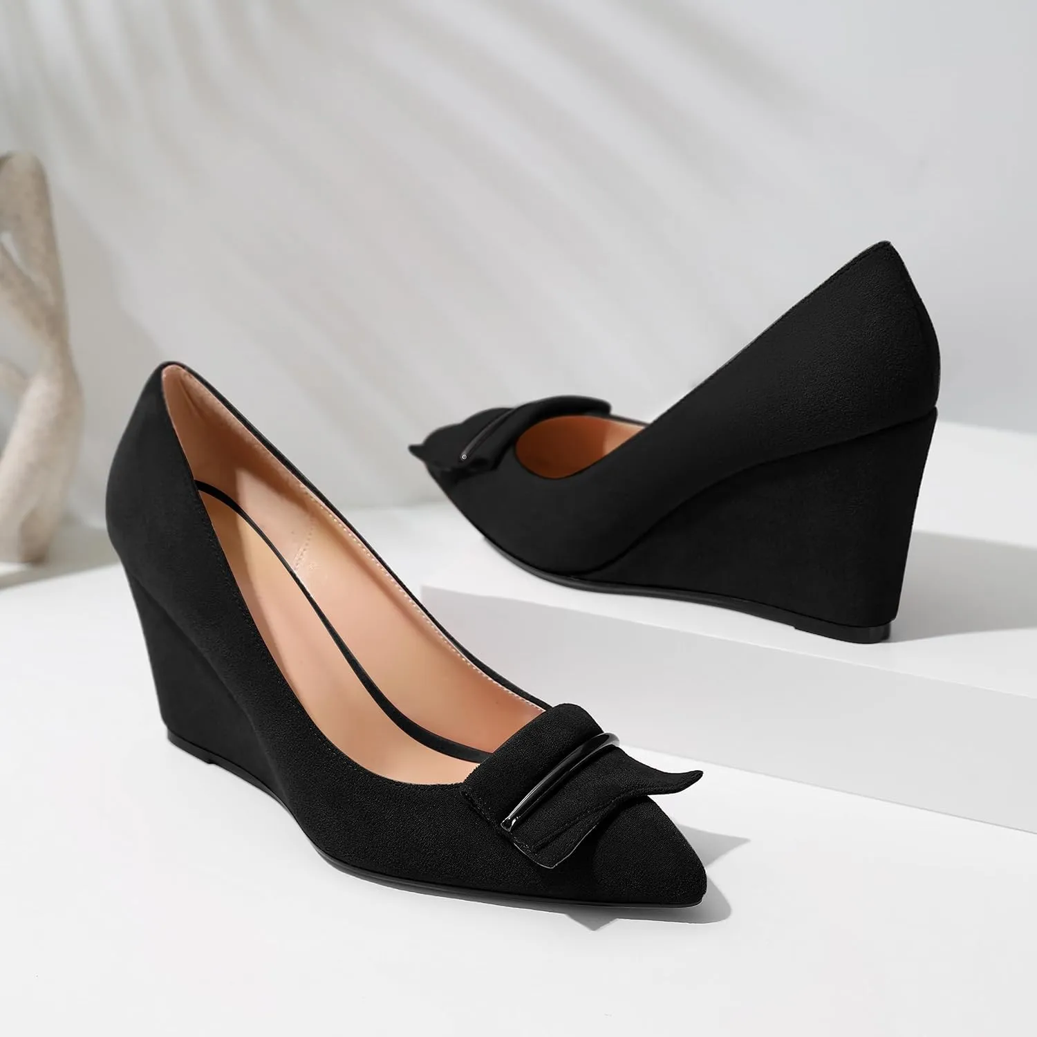 AUMOTED Women Wedge Heels Pumps Pointed Toe Slip on High Heeled Bow Heels Classic Wedge Heel Dress Shoes for Office Wedding Work Evening 3.5 Inches