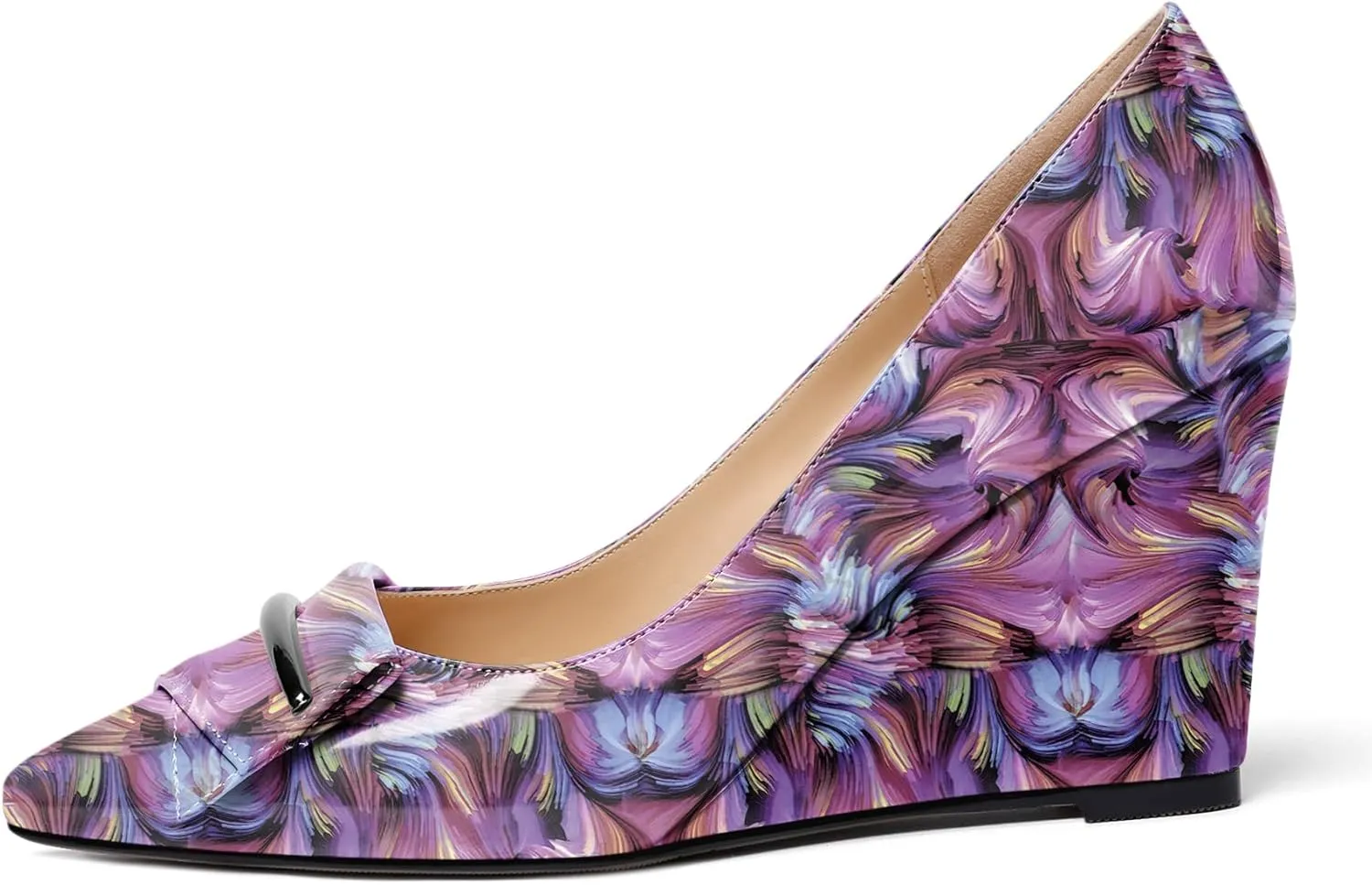 AUMOTED Women Wedge Heels Pumps Pointed Toe Slip on High Heeled Bow Heels Classic Wedge Heel Dress Shoes for Office Wedding Work Evening 3.5 Inches