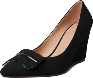 AUMOTED Women Wedge Heels Pumps Pointed Toe Slip on High Heeled Bow Heels Classic Wedge Heel Dress Shoes for Office Wedding Work Evening 3.5 Inches