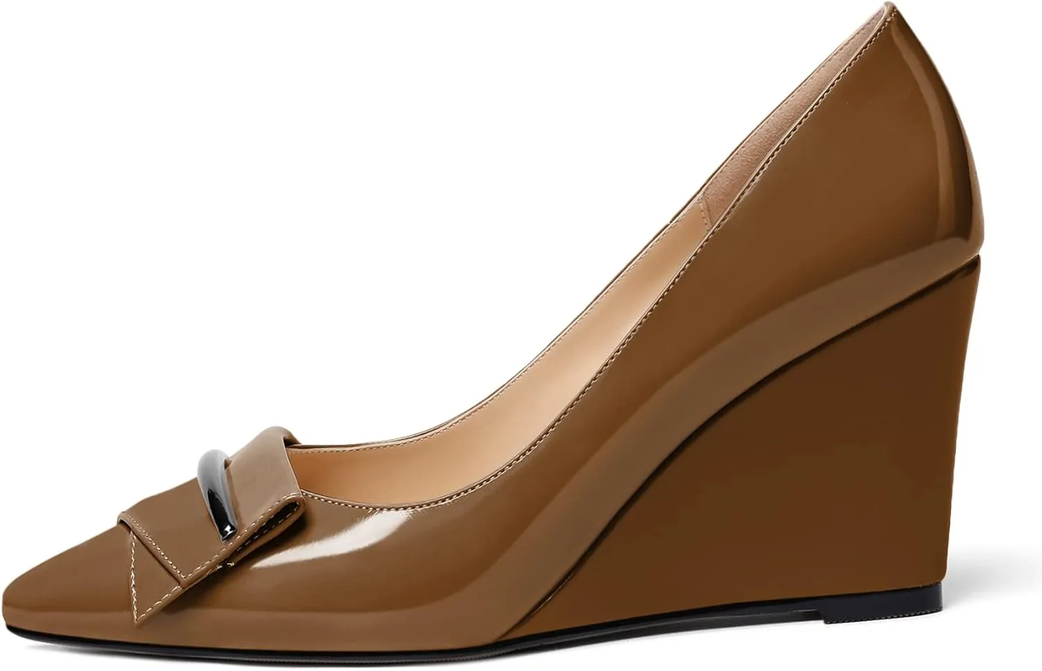 AUMOTED Women Wedge Heels Pumps Pointed Toe Slip on High Heeled Bow Heels Classic Wedge Heel Dress Shoes for Office Wedding Work Evening 3.5 Inches