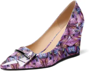 AUMOTED Women Wedge Heels Pumps Pointed Toe Slip on High Heeled Bow Heels Classic Wedge Heel Dress Shoes for Office Wedding Work Evening 3.5 Inches