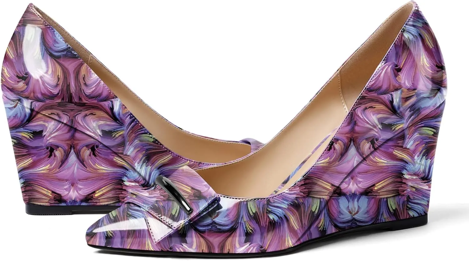 AUMOTED Women Wedge Heels Pumps Pointed Toe Slip on High Heeled Bow Heels Classic Wedge Heel Dress Shoes for Office Wedding Work Evening 3.5 Inches