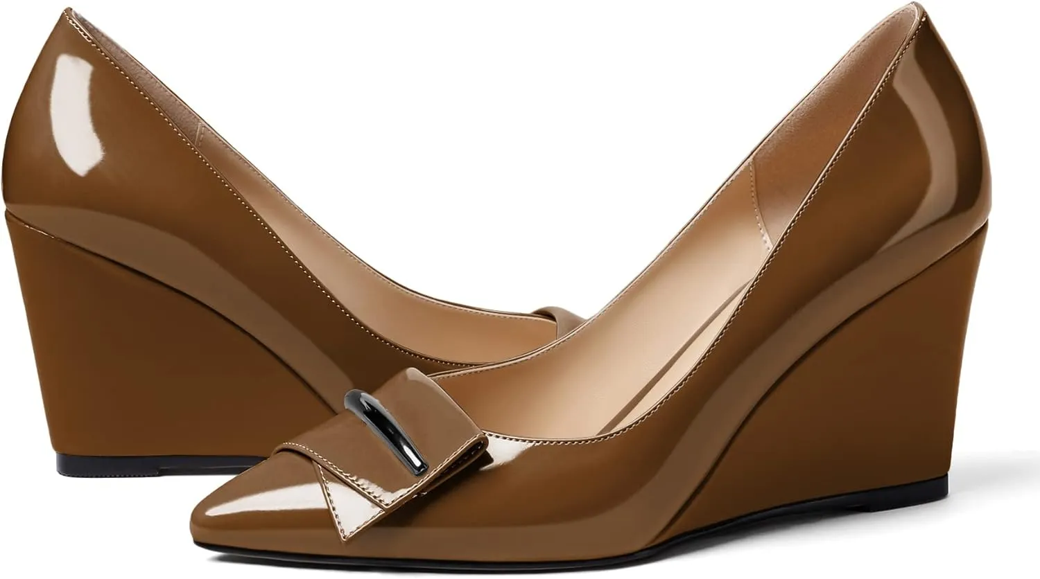 AUMOTED Women Wedge Heels Pumps Pointed Toe Slip on High Heeled Bow Heels Classic Wedge Heel Dress Shoes for Office Wedding Work Evening 3.5 Inches