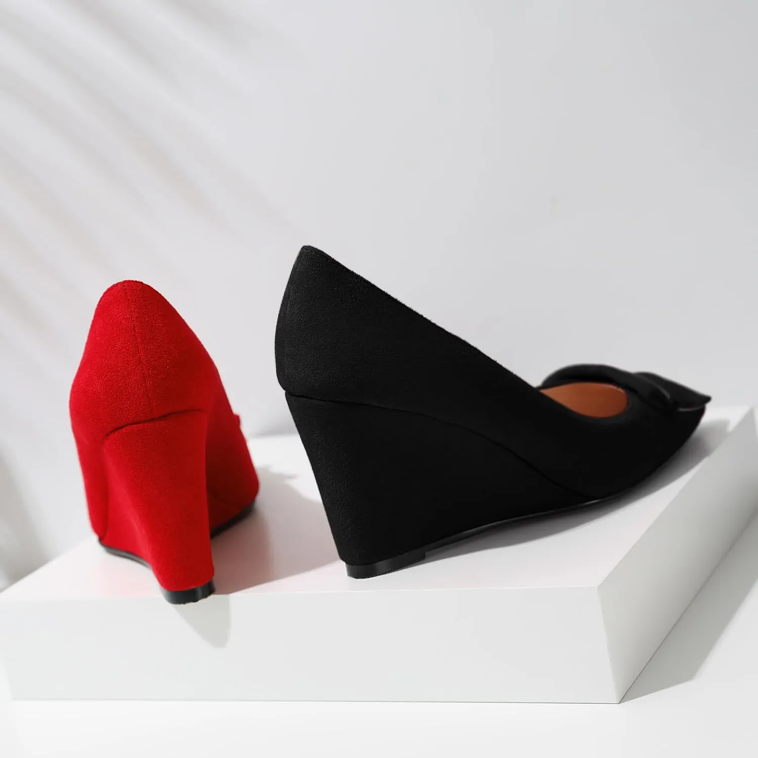 AUMOTED Women Wedge Heels Pumps Pointed Toe Slip on High Heeled Bow Heels Classic Wedge Heel Dress Shoes for Office Wedding Work Evening 3.5 Inches