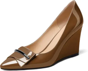 AUMOTED Women Wedge Heels Pumps Pointed Toe Slip on High Heeled Bow Heels Classic Wedge Heel Dress Shoes for Office Wedding Work Evening 3.5 Inches