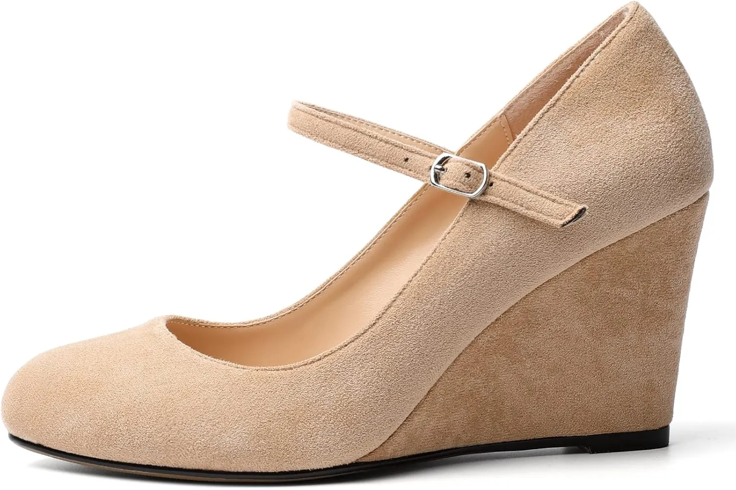 AUMOTED Women Wedge Round Toe Pumps High Heels Mary Jane Ankle Strap with Adjustable Buckle Wedding Party Dress Shoes 3.4 Inches