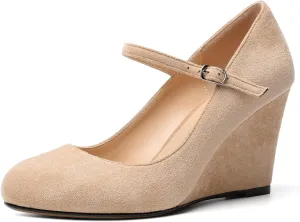 AUMOTED Women Wedge Round Toe Pumps High Heels Mary Jane Ankle Strap with Adjustable Buckle Wedding Party Dress Shoes 3.4 Inches