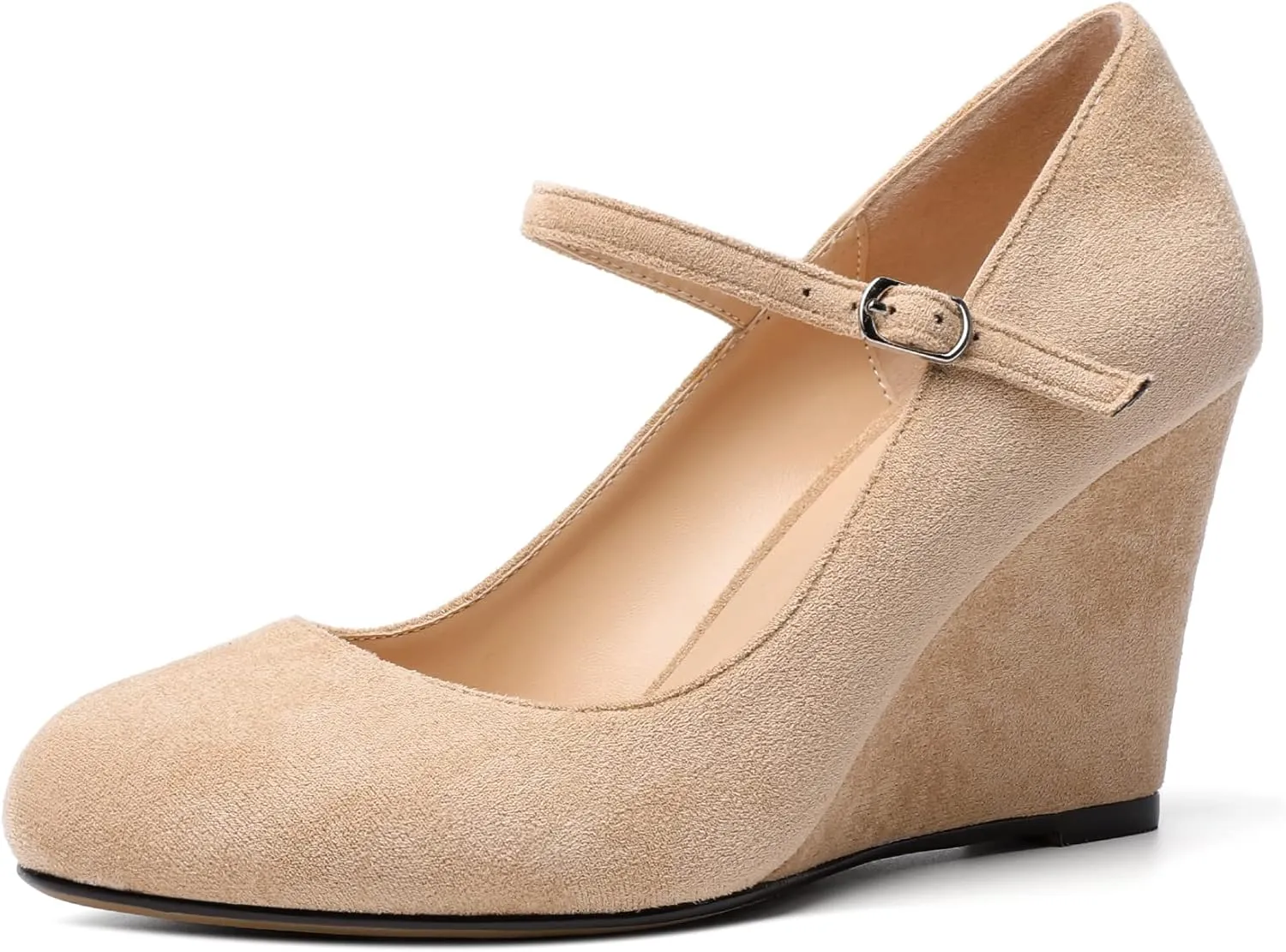 AUMOTED Women Wedge Round Toe Pumps High Heels Mary Jane Ankle Strap with Adjustable Buckle Wedding Party Dress Shoes 3.4 Inches