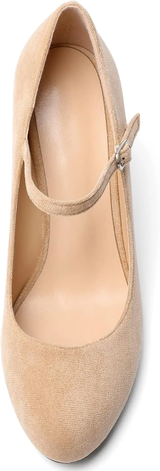 AUMOTED Women Wedge Round Toe Pumps High Heels Mary Jane Ankle Strap with Adjustable Buckle Wedding Party Dress Shoes 3.4 Inches