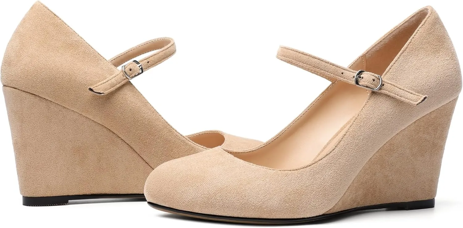 AUMOTED Women Wedge Round Toe Pumps High Heels Mary Jane Ankle Strap with Adjustable Buckle Wedding Party Dress Shoes 3.4 Inches