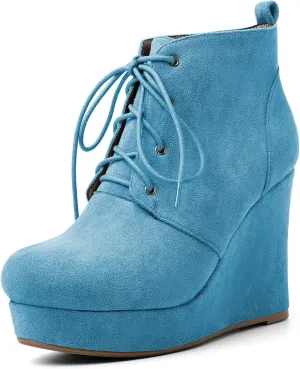 AUMOTED Women's Ankle Boots Wedge Platform Bootie Round Toe Lace up Wedge Heels Boots 4 Inch Warm Boots for Party Evening Shoes