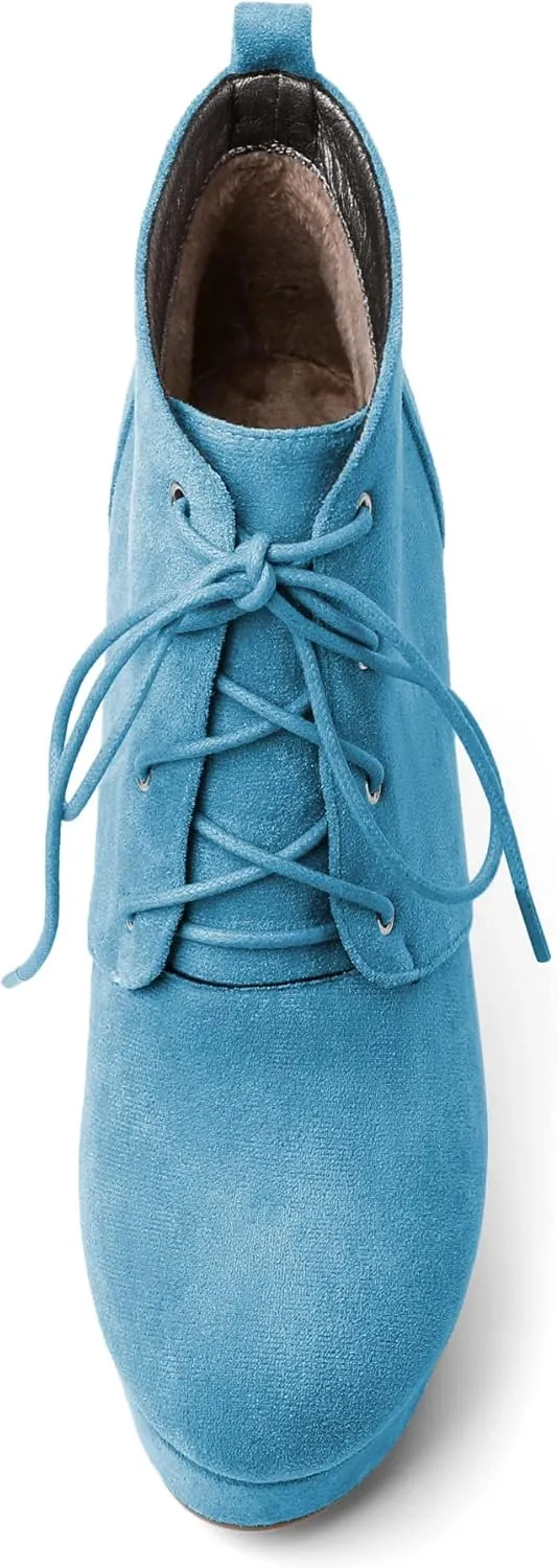 AUMOTED Women's Ankle Boots Wedge Platform Bootie Round Toe Lace up Wedge Heels Boots 4 Inch Warm Boots for Party Evening Shoes
