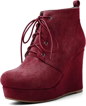 AUMOTED Women's Ankle Boots Wedge Platform Bootie Round Toe Lace up Wedge Heels Boots 4 Inch Warm Boots for Party Evening Shoes