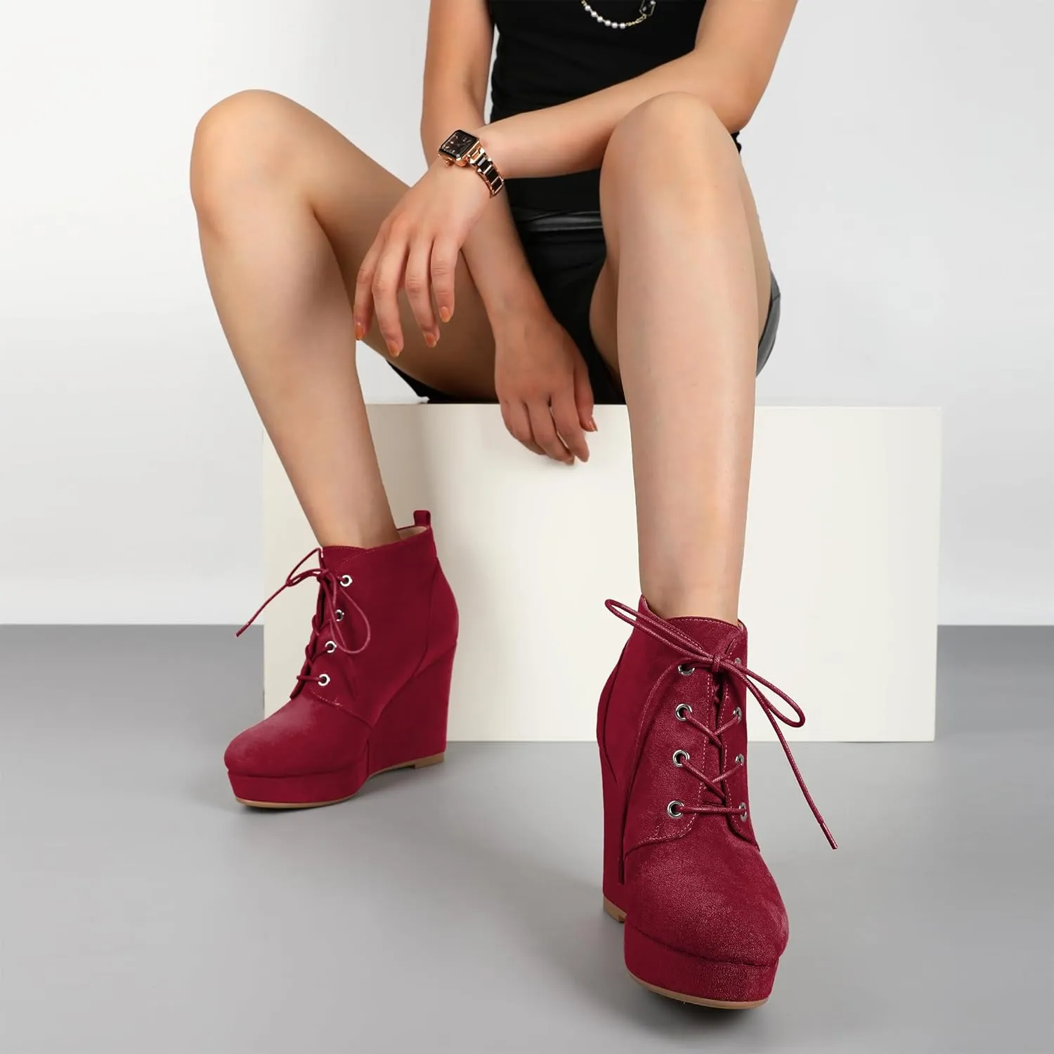 AUMOTED Women's Ankle Boots Wedge Platform Bootie Round Toe Lace up Wedge Heels Boots 4 Inch Warm Boots for Party Evening Shoes