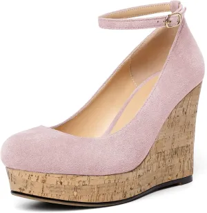 AUMOTED Women's Platform Wedges High Heels Pumps Closed Round Toe Buckle Ankle Strap Suede Heels Shoes for Ladies Casual Dress 3.93 Inch High Heeled