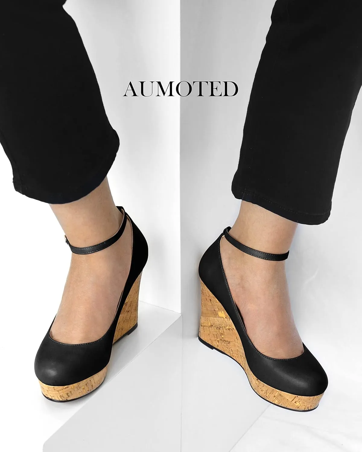 AUMOTED Women's Platform Wedges High Heels Pumps Closed Round Toe Buckle Ankle Strap Suede Heels Shoes for Ladies Casual Dress 3.93 Inch High Heeled
