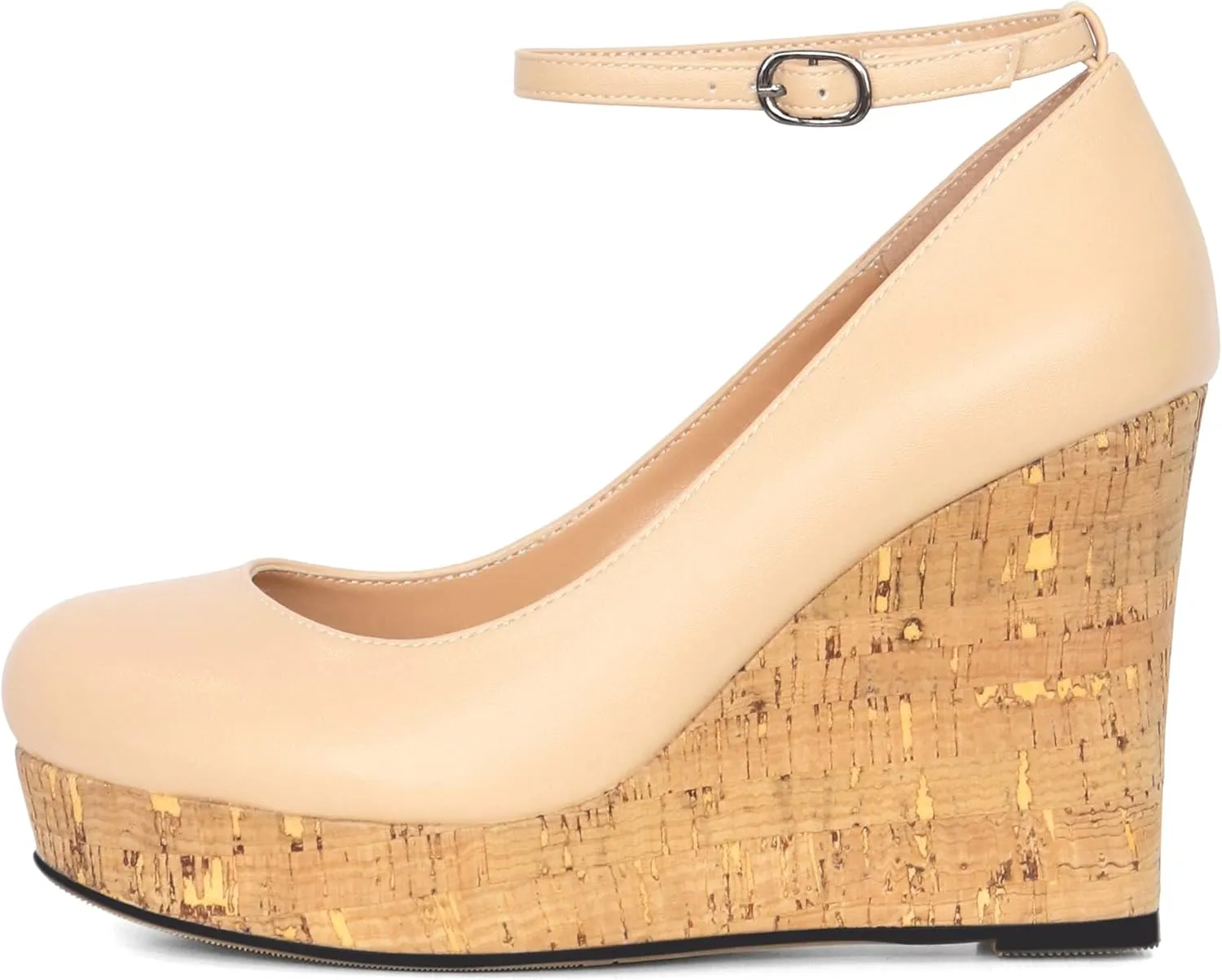 AUMOTED Women's Platform Wedges High Heels Pumps Closed Round Toe Buckle Ankle Strap Suede Heels Shoes for Ladies Casual Dress 3.93 Inch High Heeled