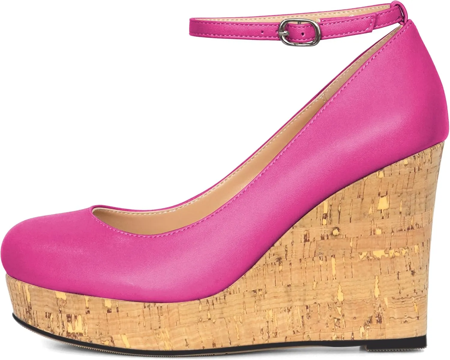 AUMOTED Women's Platform Wedges High Heels Pumps Closed Round Toe Buckle Ankle Strap Suede Heels Shoes for Ladies Casual Dress 3.93 Inch High Heeled